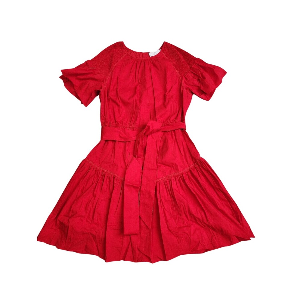 Rachel Parcell Red Dress Smocked Front Tie Stretch Boho Short Sleeve Cottage M